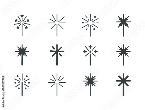 Sparkler Icon Set. Sparkler. Icon set. Set Logo of Sparkler: festive firework spark. harmonious logo variations of the same emblematic concept, each with