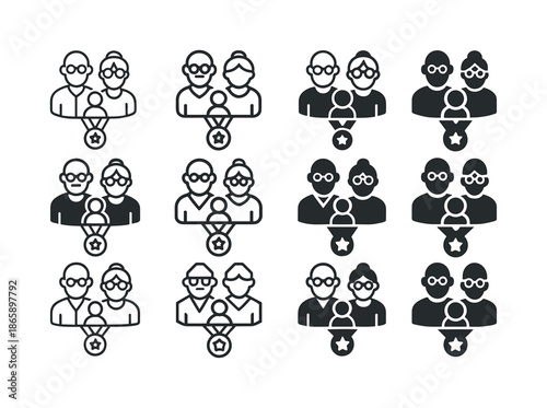 Grandparents Sports Icons. Grandparents attending kids' sports games. Icon set. Set Logo of Grandparents attending kids' sports games: grandparent medal.