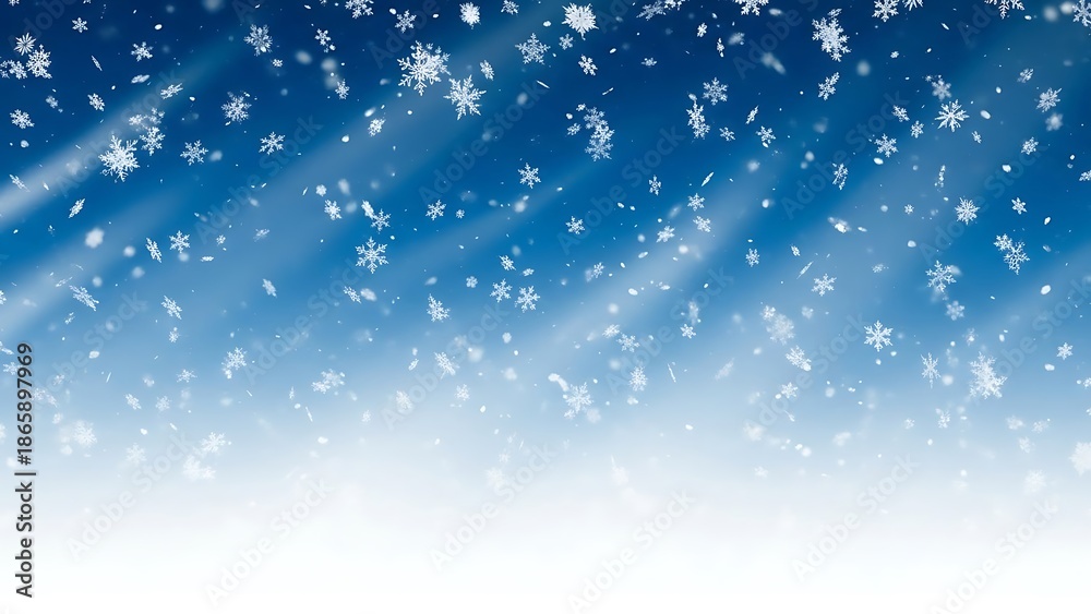 Fototapeta premium Snow falling against blue sky with sunbeams snowflakes falling snow
