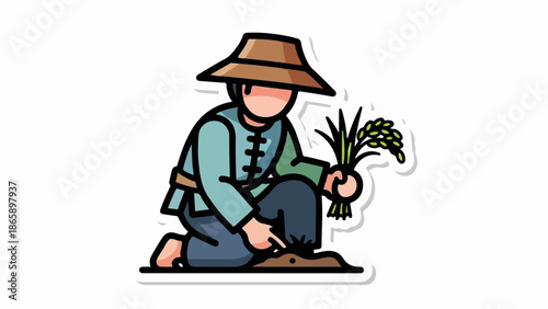 Farmer in traditional hat kneels planting crops, holding stalks