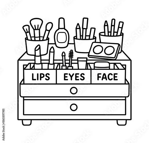 Kids' Makeup Organizer Coloring. Makeup storage with labels children?s coloring book illustration, outlined drawing, drawer with small labeled boxes like