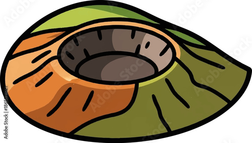Cartoonish cross-section of a volcanic cone with a crater, showing layers of orange and green terrain
