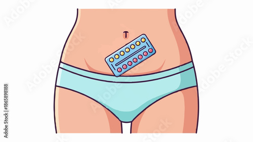 Cartoon illustration of a person's abdomen with birth control pills