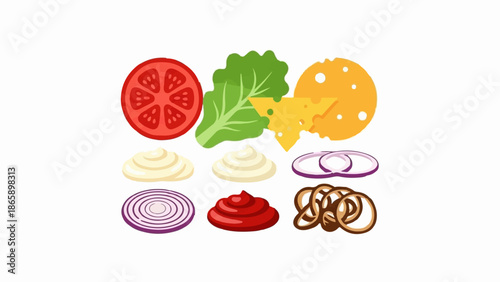 Cartoon ingredients for a burger tomato, lettuce, cheese, onion, ketchup, mayo