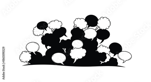 a cluster of speech bubbles surrounding a dark undefined human form a striking visual silhouette