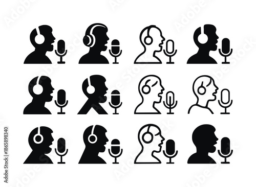 Vocalist Icon Set. Vocalist singing. Icon set. Set Logo of vocalist singing: singer with headphones recording. harmonious logo variations of the same