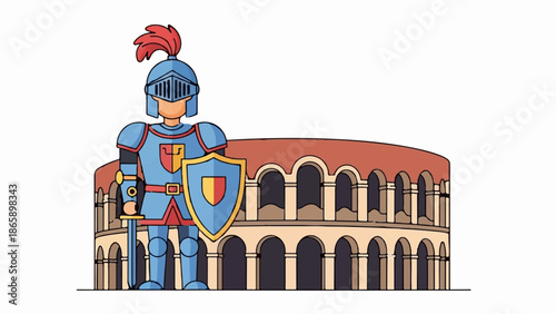 Cartoon knight with sword, shield, and helmet stands before a coliseum structure