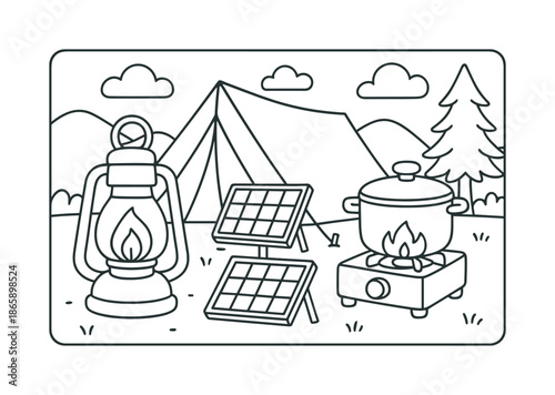Solar Camping Coloring. Solar camping tools children?s coloring book illustration, outlined drawing, a small lantern and cooker with basic solar panels at a