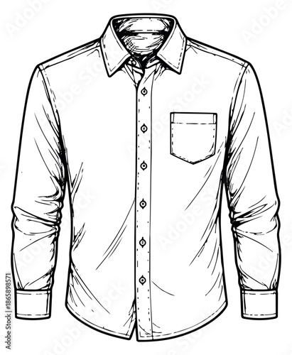 Hand drawn line art illustration of a men's dress shirt depicting a collar and long sleeves for apparel design