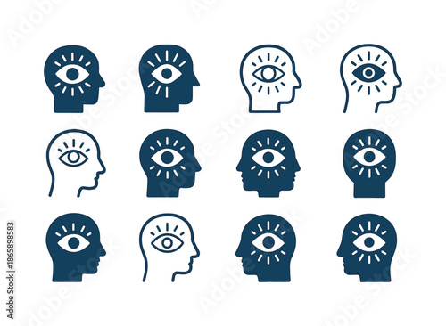 Cognitive Therapy Icons. Cognitive therapy. Icon set. Set Logo of cognitive therapy: mindfulness gaze. harmonious logo variations of the same emblematic