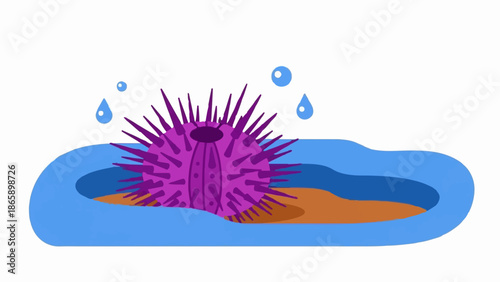 Cartoon purple sea urchin in blue water with orange sand and falling drops