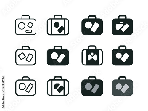 Road Trip Icons. Road trip. Icon set. Set Logo of Road trip: suitcase with stickers. harmonious logo variations of the same emblematic concept, each with