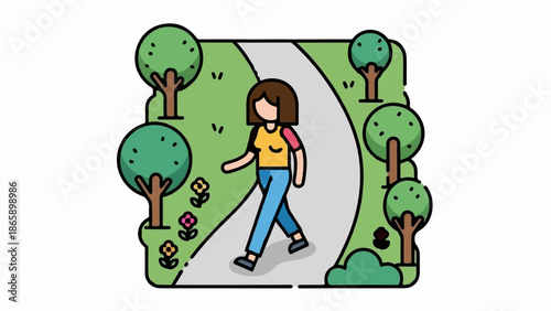 Person walking on a path through a park with trees and flowers