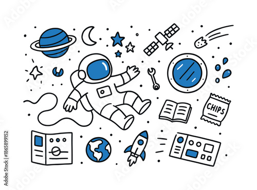 Space Doodles Adventure. Floating in space. Hand-drawn doodle illustration floating in space [astronaut drifting (accented), round planet with rings, crescent
