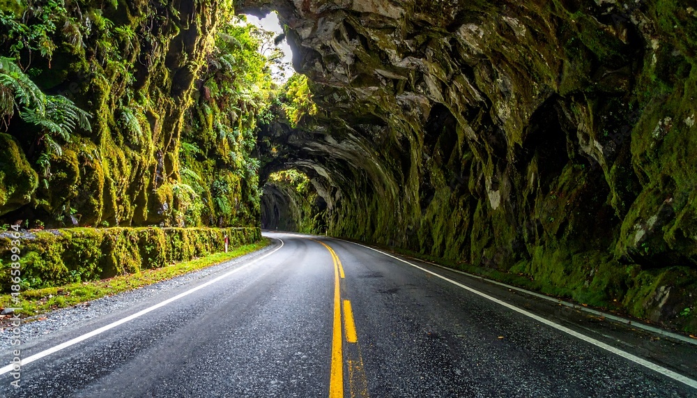 Obraz premium Road tunnel through mossy forest