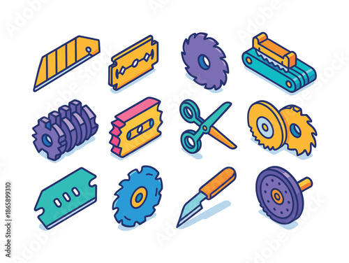 Colorful Industrial Blades. Industrial blades. Colorful isometric vector icons set of Industrial blades: box cutter blades, industrial razor blades, machine