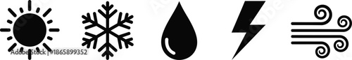 Weather icons used in weather forecasts, apps, and air conditioning remotes. Sun, snowflake, water droplet, thunderbolt and wind lines vector illustration 