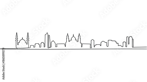Black and white city skyline with tall buildings and skyscrapers