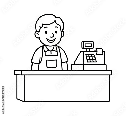 Friendly Shopkeeper Coloring Page. Owner behind counter children?s coloring book illustration, outlined drawing, smiling shop owner standing behind a simple