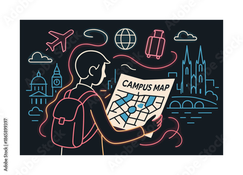 Exploring New Horizons. First day abroad. A figure looks at a campus map with a backdrop of a foreign city; glowing lines represent curiosity and possibility.
