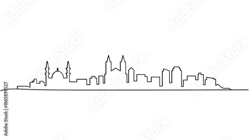 Black and white city skyline with modern buildings and skyscrapers