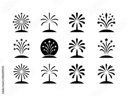 Holiday Fireworks Icons. Holiday Fireworks. Icon set. Set Logo of Holiday Fireworks: night sky silhouette with firework bloom. harmonious logo variations of