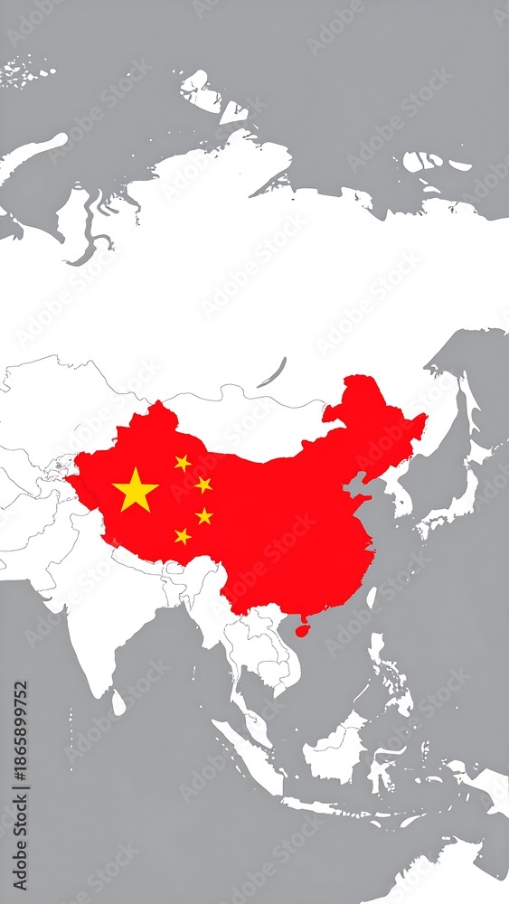 Obraz premium Map of Asia; China highlighted with its flag colors of red with yellow stars