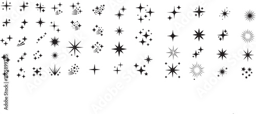 Collection of different black sparkle and twinkle icons for design and decoration