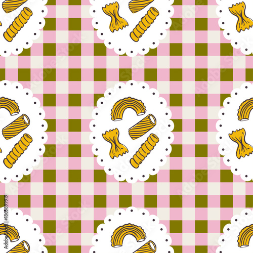 Playful Mediterranean pasta design with quirky line art noodles. Seamless pattern ideal for kitchen decor, wrapping paper, or restaurant branding. Cute background with spaghetti, penne, and ravioli.