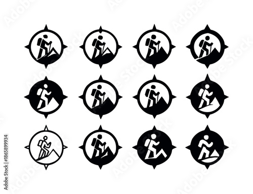 Mountain Hiking Icons. Hiking up a mountain. Icon set. Set Logo of hiking up a mountain: compass pointing toward summit. harmonious logo variations of the same