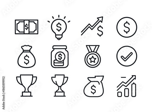 Financial Rewards Icons. Financial Rewards. Line icon set of Financial Rewards: cash bonus, incentive icon, earnings arrow, profit symbol, payout coin, money