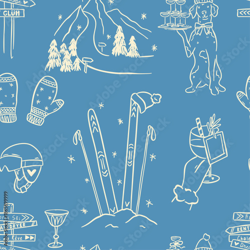 Hand drawn winter ski and apres ski seamless pattern in whimsical doodle style. Includes skiers, snowboard, clothing, equipment, cocktails and holiday elements. Cute line art, vintage background