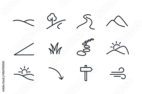 Nature Slopes Icons. Nature slopes. Line icon set of Nature slopes: rolling meadow, hillside tree, path curve, hilltop outline, slope gradient icon, grass
