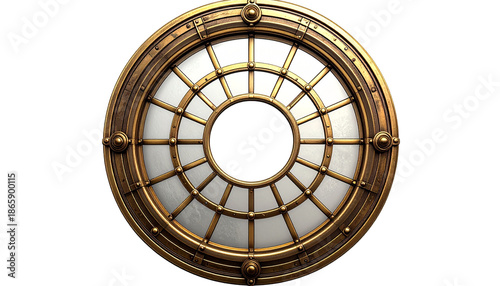 Circular metallic window with radial grid design and rivets