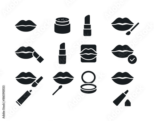 Lipstick Application Icons. Lipstick application steps. Solid icon set of Lipstick application steps: bare lips icon, lip scrub jar, lip balm stick, lip liner