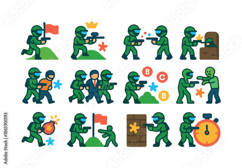 Colorful Paintball Icons. Paintball scenarios. Colorful flat vector icons set of paintball scenarios: capture the flag, king of the hill, elimination mode,