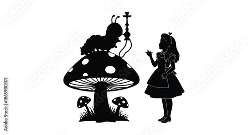 a striking black silhouette depicts alice in wonderland encountering the caterpillar on a mushroom silhouette