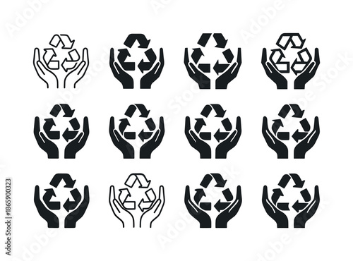 NGO Waste Management Icons. The role of NGOs in waste management. Icon set. Set Logo of The role of NGOs in waste management: recycling hands symbol.
