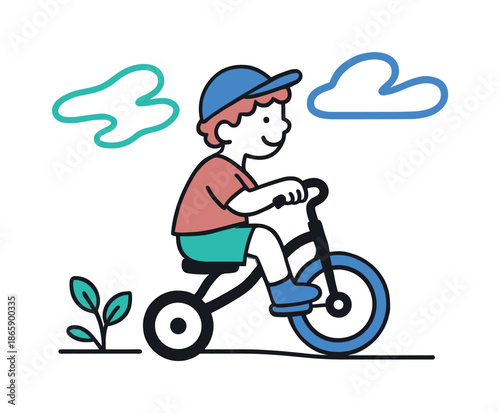Tricycle Adventure Outdoors. Outdoor tricycle fun. The child pedals across a minimal path; light breezy shapes trail overhead. Smooth lines highlight balance