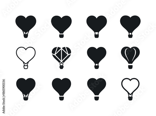 Hot Air Balloon Logos. hot air balloons. Icon set. Set Logo of hot air balloons: heart-shaped hot air balloon. harmonious logo variations of the same