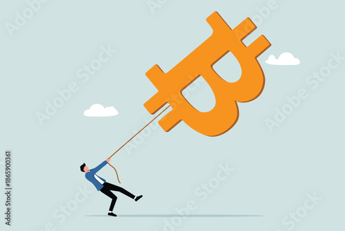 Achieving financial goals in the cryptocurrency market, investors looking for the stock market to invest cash in digital currencies, risky games in the foreign exchange market, a man pulling a bitcoin