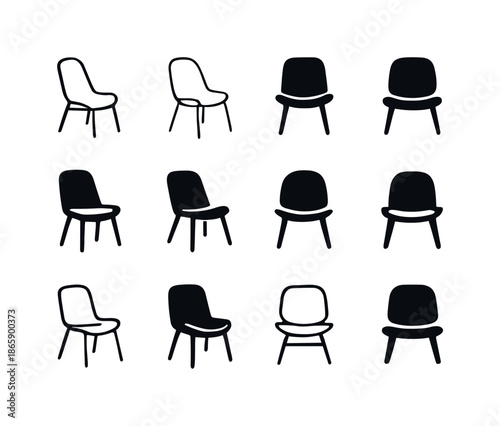 Minimalist Room Logos. Designing a minimalist room. Icon set. Set Logo of designing a minimalist room: accent chair outline. harmonious logo variations of the
