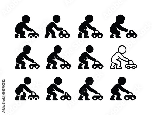 Children's Toy Emblems. Kids playing with holiday toys from gifts. Icon set. Set Logo of kids playing with holiday toys from gifts: child rolling toy car.