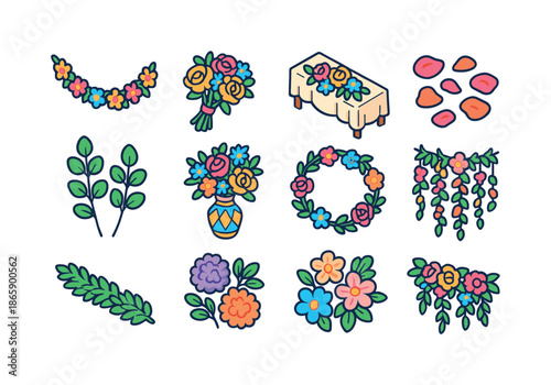 Floral Bridal Icons. Floral bridal decor. Colorful isometric vector icons set of floral bridal decor: flower garland, bouquet, table florals, rose petals,