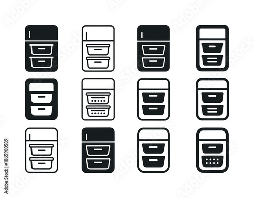 Fridge Organizer Icons. Organizing fridge shelves. Icon set. Set Logo of organizing fridge shelves: labeled baskets. harmonious logo variations of the same