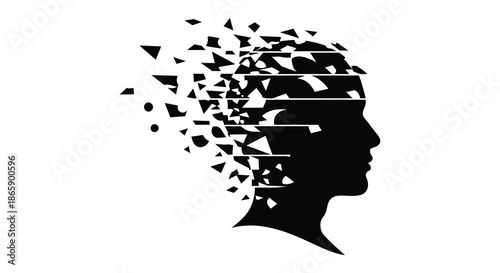 A fragmented human head profile with pieces breaking apart and dissolving into the void silhouette