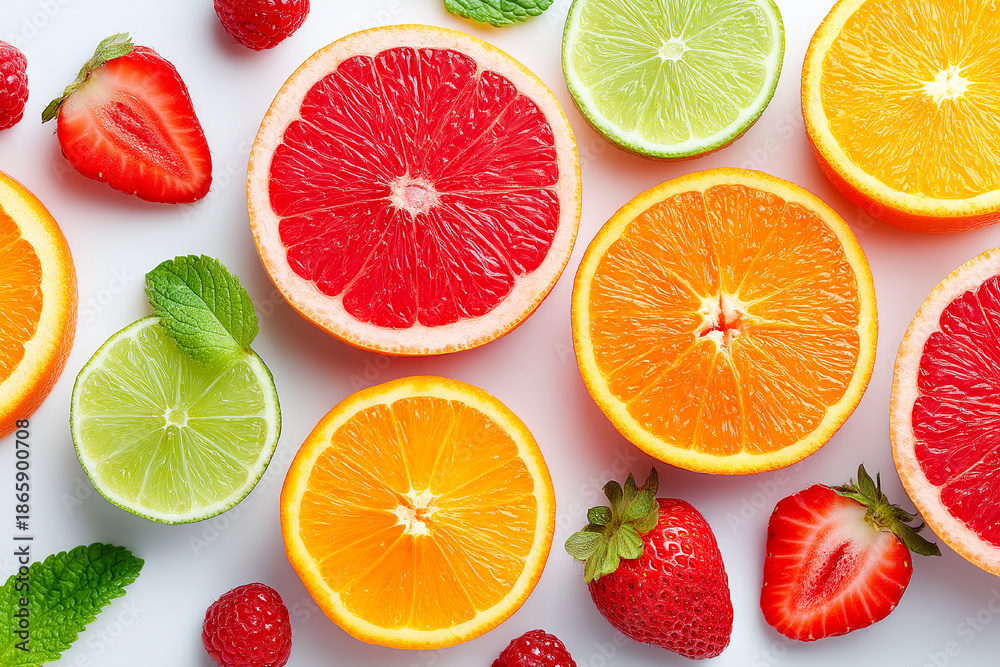 Fototapeta premium Fresh and vibrant assortment of citrus fruits and berries on a clean surface Generative AI