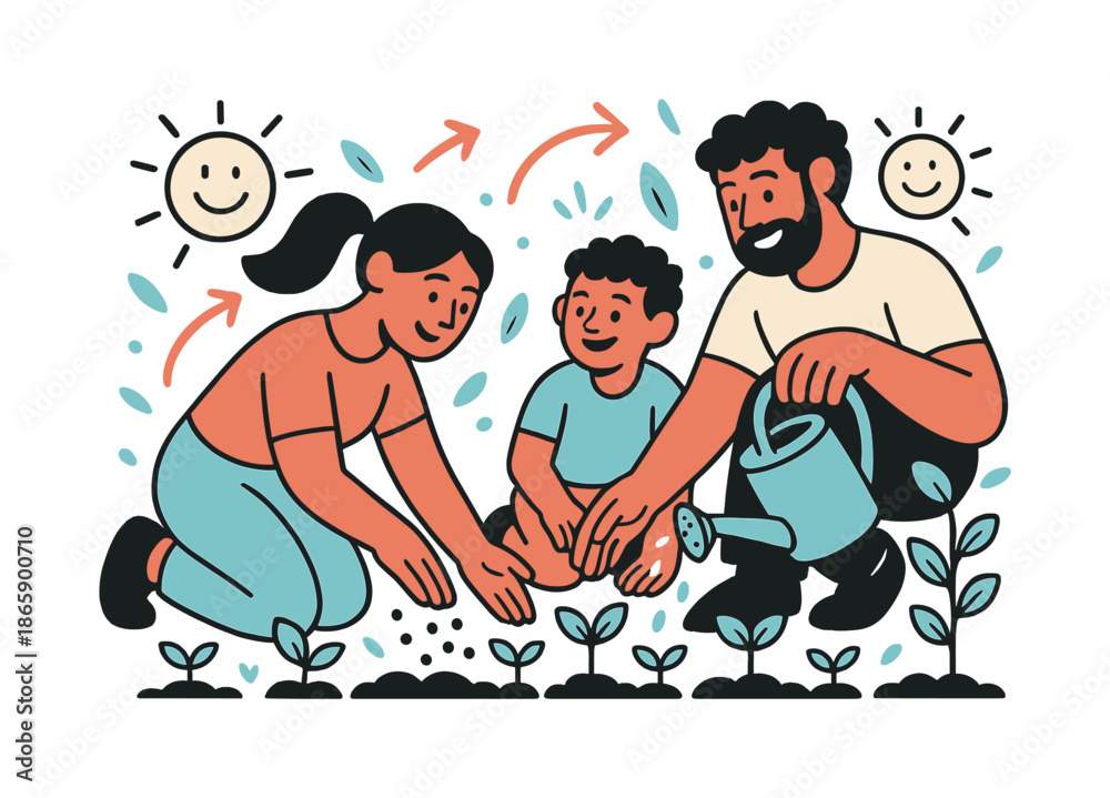 Naklejka premium Family Gardening Together. Home gardening. Family members kneel side by side planting seeds and watering soil, surrounded by sprouting greens and happy sun
