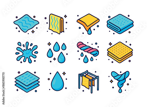 Damp Rag Icons. Damp Rag. Colorful isometric vector icons set of Damp Rag: wet cloth, soaked towel, dripping corner, folded rag, cleaning splash, water