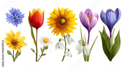 Wallpaper Mural A vibrant, detailed illustration showcasing a diverse collection of colorful spring flowers on a white backdrop Torontodigital.ca